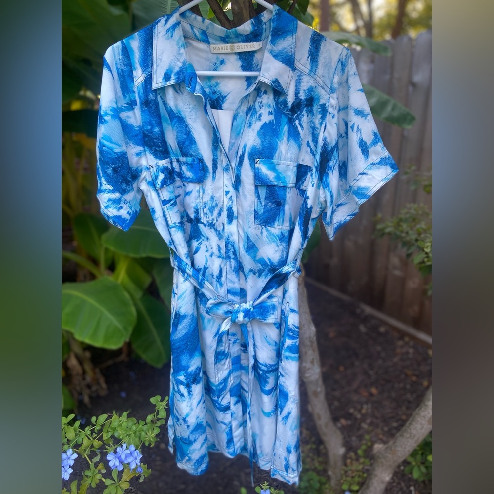MARIE OLIVER Silk Blend Blue Tie Dye Belted Short Sleeve Shirt Dress Size Small